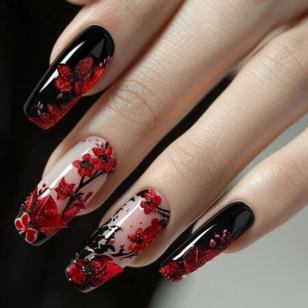 25 Bold Black and Red Nails Long Square