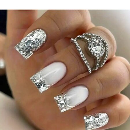 Beautiful Silver French Tip Nails Square Long- 30 Designs