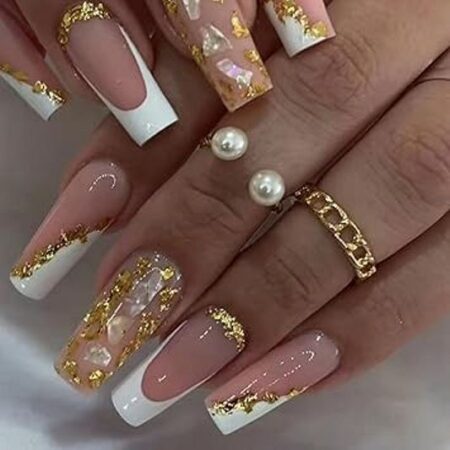 27 Elegant White and Gold Nails Long Square